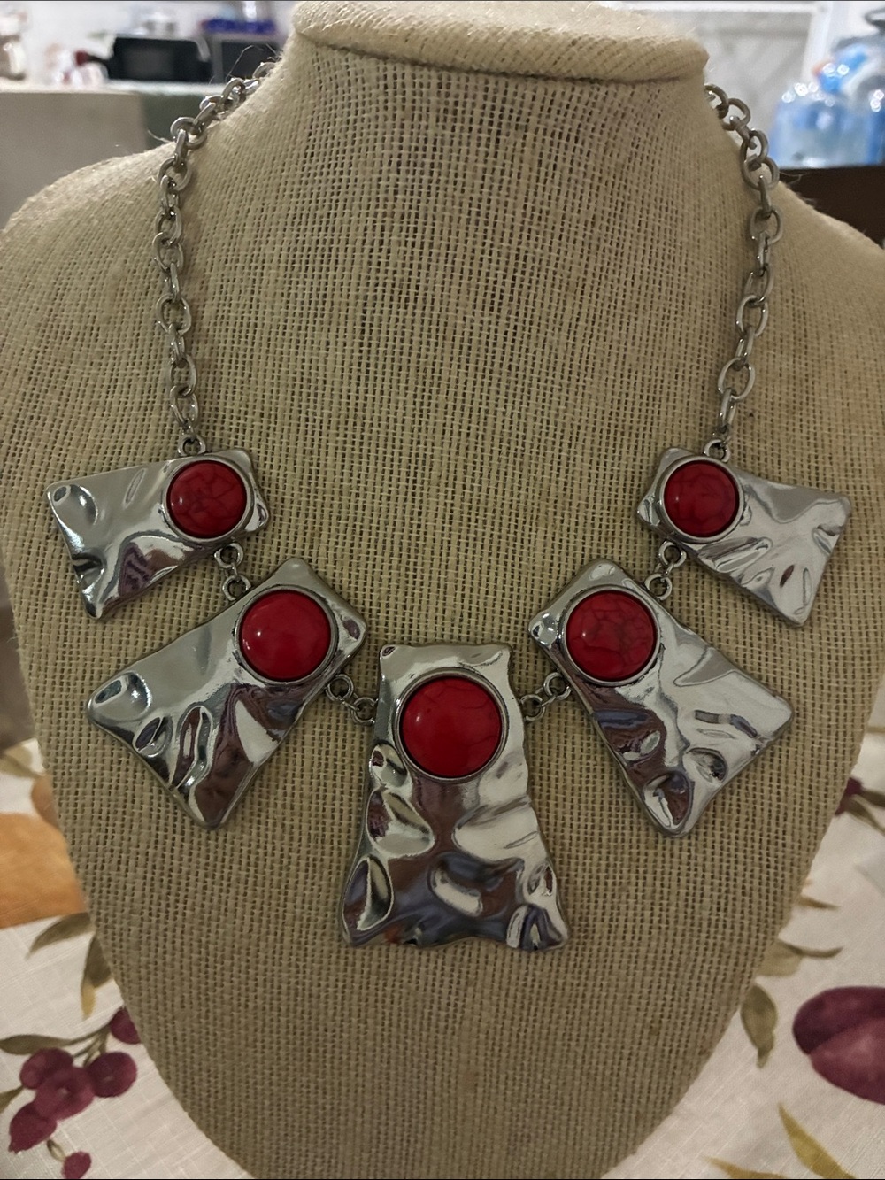 paparazzi Silver-Tone Statement Necklace with Red Cabochons